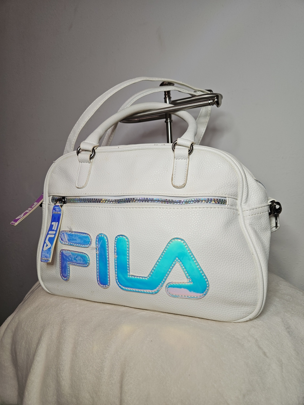 Fila White Satchel with Iridescent Blue Logo